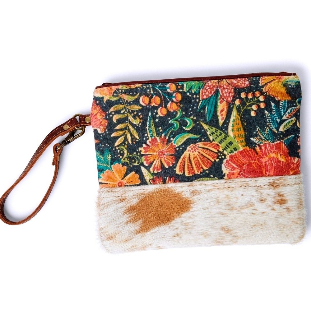 Myra Bag Floral Western Canvas and Cowhide Leather Wristlet Boho Clutch Bag